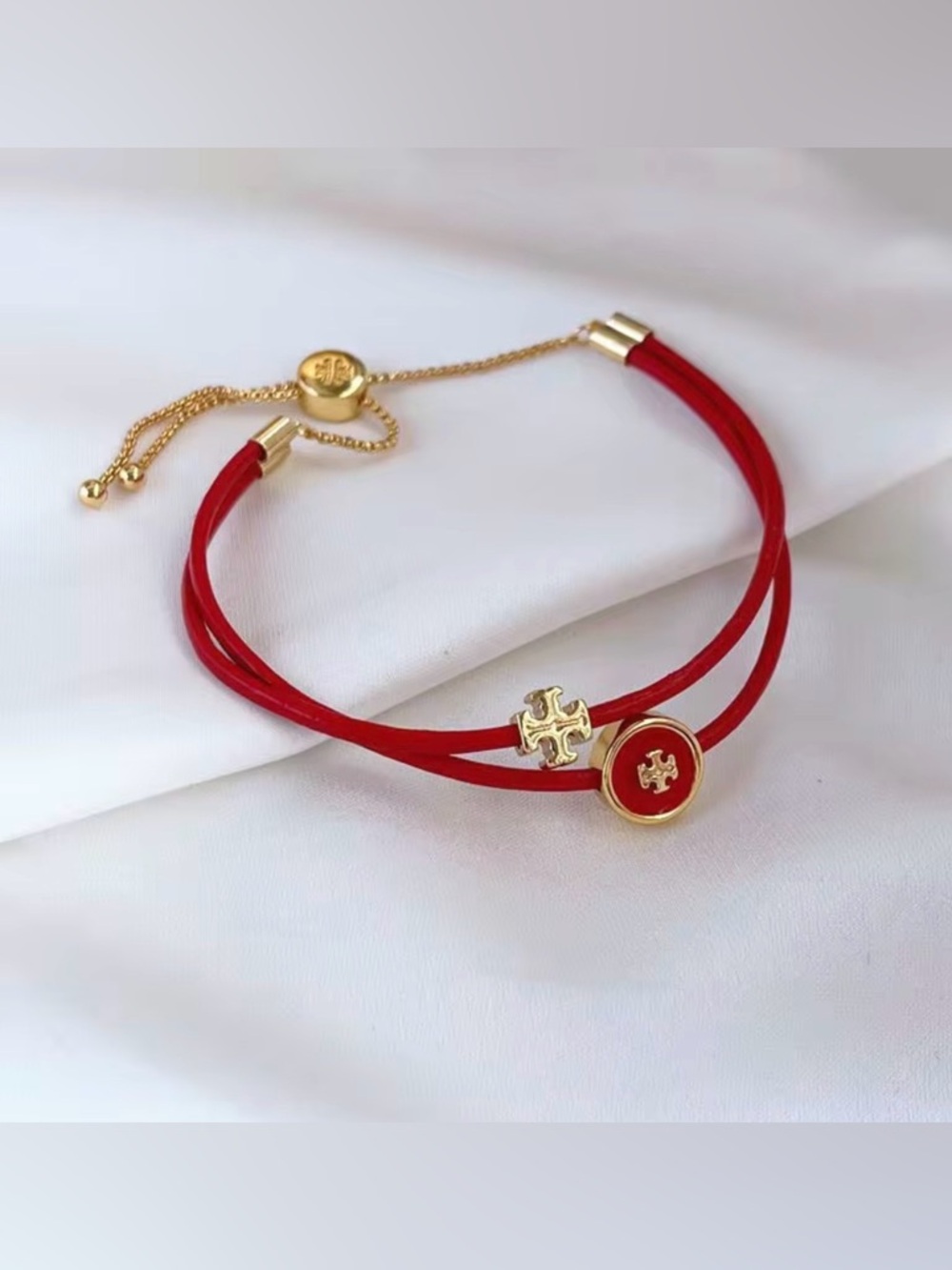Tory Burch Authentic Red Kira Enamel Logo Slider Bracelet 18k Plated New W/Tag